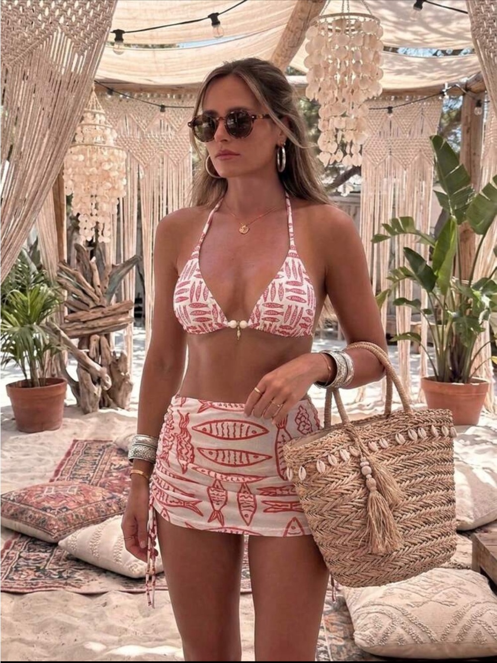 SHEIN White & Red Printed Triangle Bikini Top with Mini Skirt